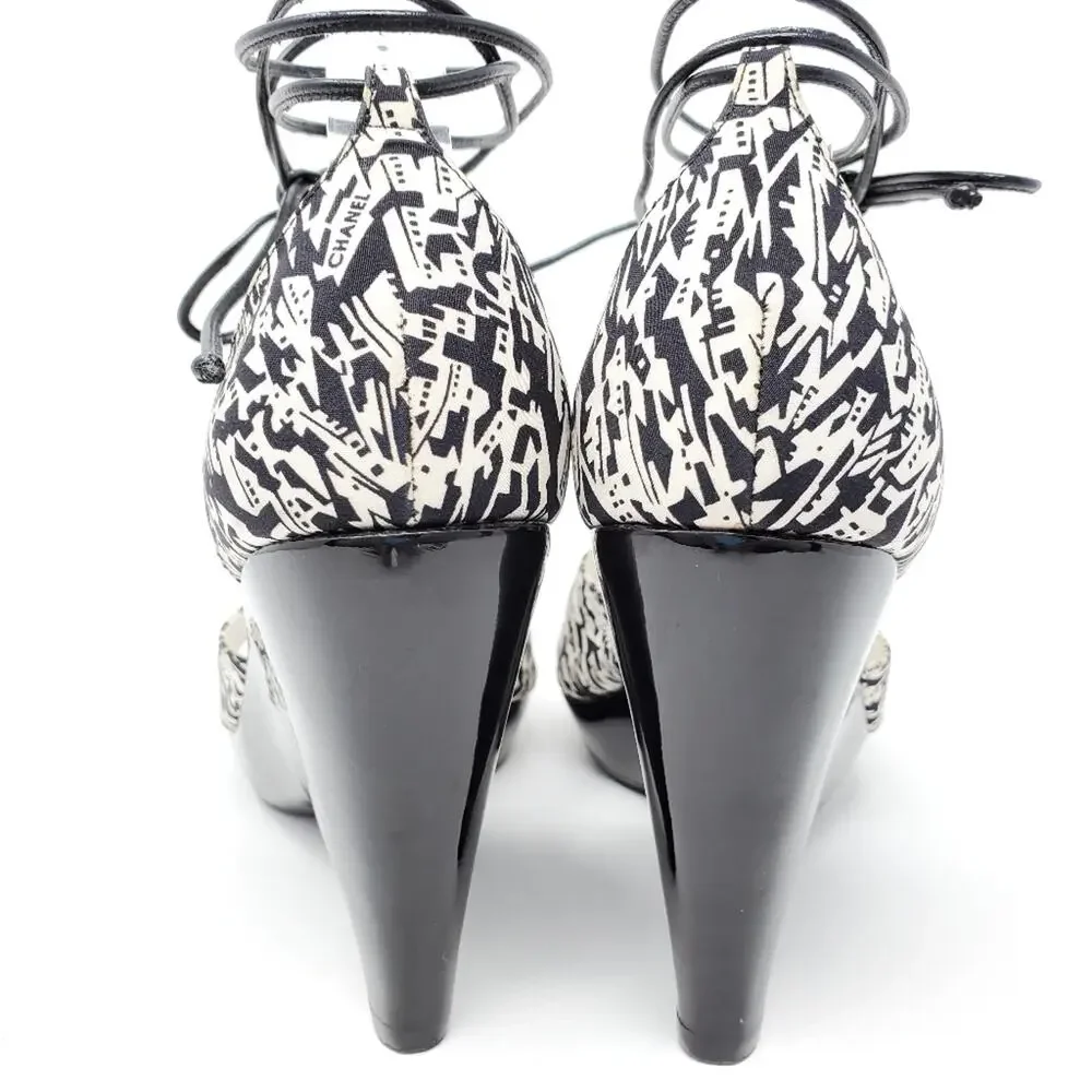 Chanel Canvas Platform Wedge Sandals Ankle Wrap-Around Straps Black White Y2K